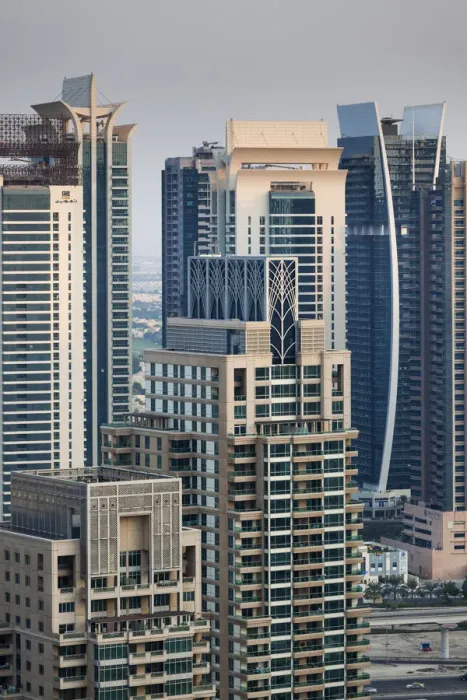 Framed Print : UAE, Dubai, Dubai Marina, elevated view of the marina, dusk