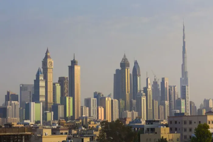 Framed Print : UAE, Dubai, Jumeira, skyscrapers along Sheikh Zayed Road, skyline from Jumeira, dusk