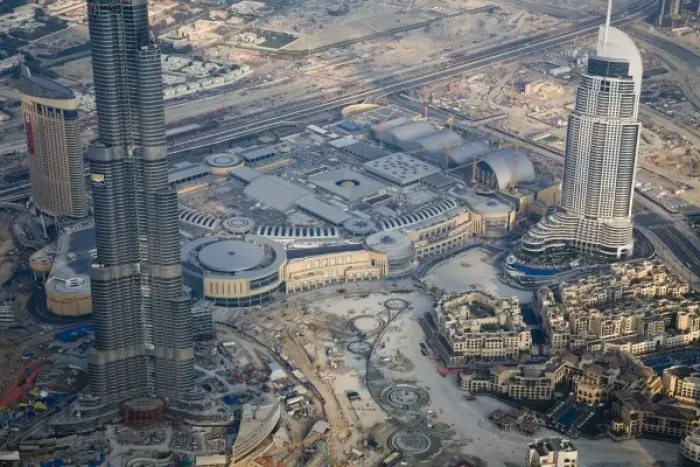 Framed Print : UAE, Dubai. Lower part of the Burj Dubai Hotel near The Address Hotel Dubai Mall