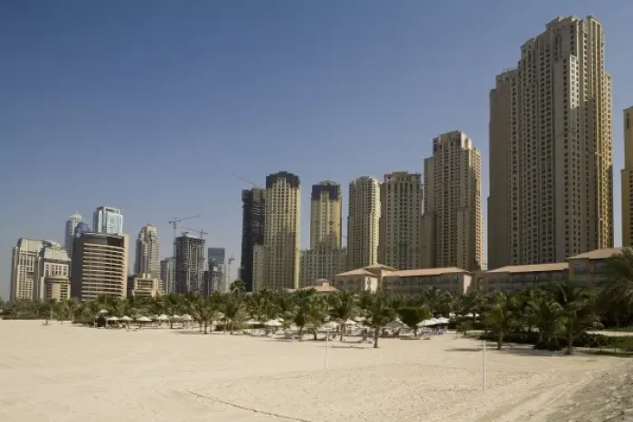 Framed Print : UAE, Dubai, Marina. Jumeirah Beach Residence buildings behind beach area Framed Print : UAE, Dubai, Marina. Jumeirah Beach Residence buildings behind beach area