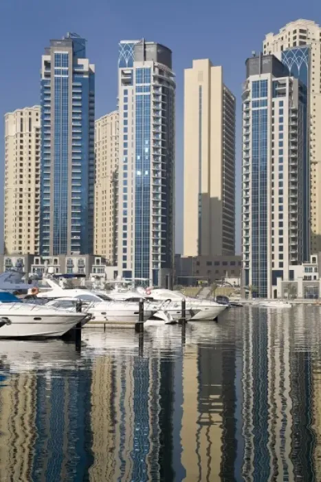 Framed Print : UAE, Dubai. Marina towers with boats at anchor Framed Print : UAE, Dubai. Marina towers with boats at anchor