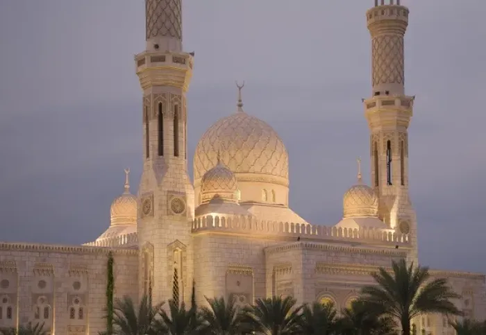 Framed Print : UAE, Dubai. Mosque illuminated at sunset