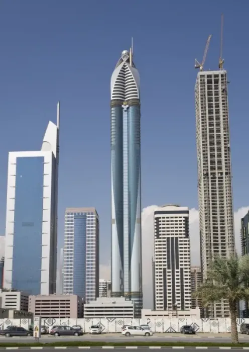 Framed Print : UAE, Dubai. Rose Tower and 21st Century Tower along Sheik Zayed Road Framed Print : UAE, Dubai. Rose Tower and 21st Century Tower along Sheik Zayed Road