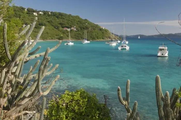 Framed Print : UK, BVI, Jost van Dyke, White Bay. Popular moorings for bareboaters and charter sail