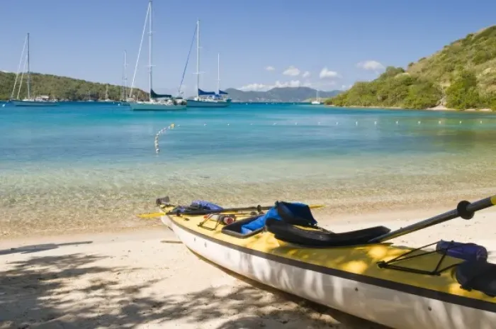 Framed Print : UK, BVI, Norman Island, the Bight. Kayak hauled out on idyllic beach Framed Print : UK, BVI, Norman Island, the Bight. Kayak hauled out on idyllic beach