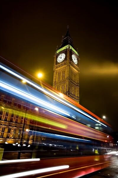 UK, London. Big Ben and the Houses of Parliament with Iconic London Red Bus