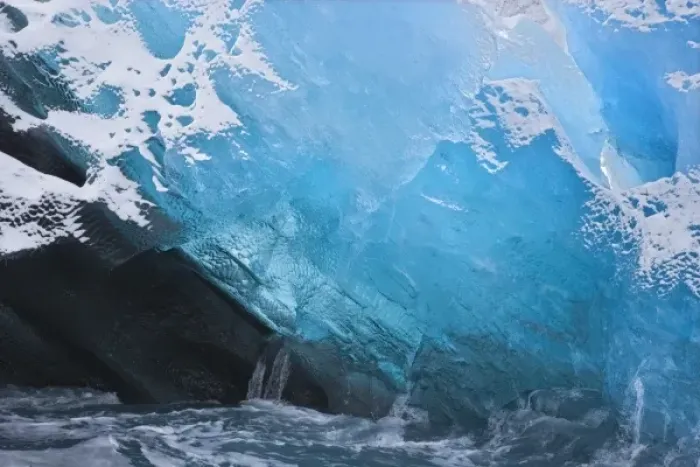 Framed Print : UK Territory, South Georgia Island, Iris Bay. Close-up of blue ice of Herz Glacier