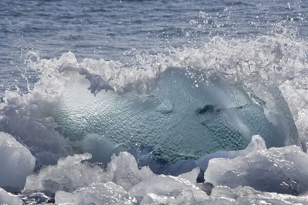 UK Territory, South Georgia Island, Wirik Bay. Wave crashes into ice on beach