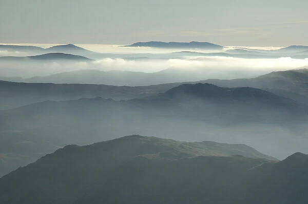 UK - Wales - Snowdonia - Vew over foggy valleys from Goch, Mt Snowdon horseshoe loop MR