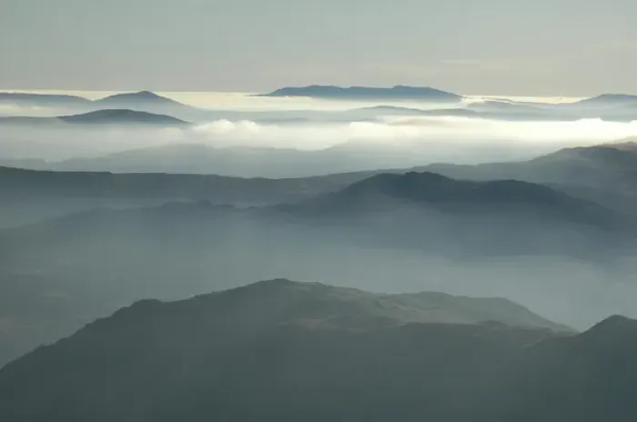 Framed Print : UK - Wales - Snowdonia - Vew over foggy valleys from Goch, Mt Snowdon horseshoe loop MR