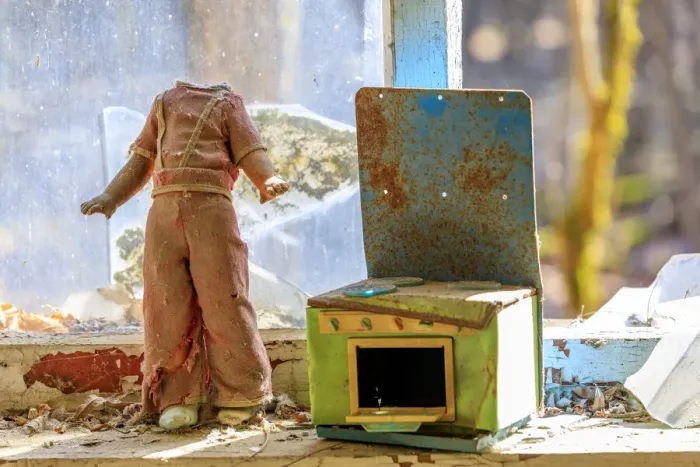 Framed Print : Ukraine, Pripyat, Chernobyl. Childs toy, headless doll