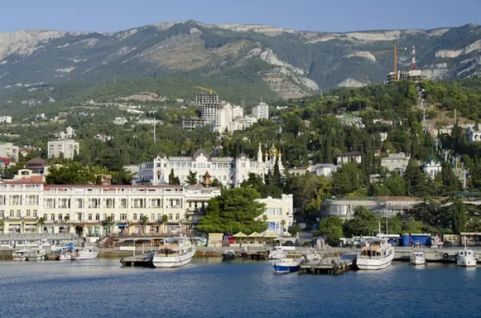 Framed Print : Ukraine, Yalta. Black Sea view of the port of Yalta with the Crimean Mountains in Framed Print : Ukraine, Yalta. Black Sea view of the port of Yalta with the Crimean Mountains in