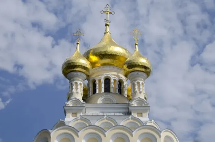 Framed Print : Ukraine, Yalta. Exterior of Saint Alexander Nevsky Cathedral, typical Russian architecture, c