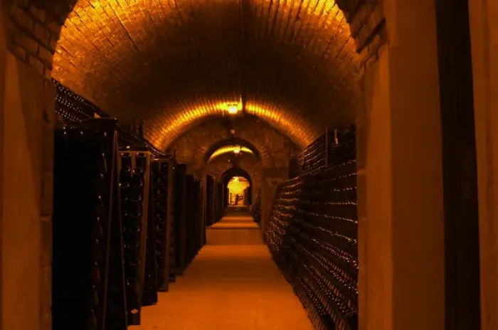 Framed Print : The underground wine cellar, thousands of bottles aging either in pupitres (racks)