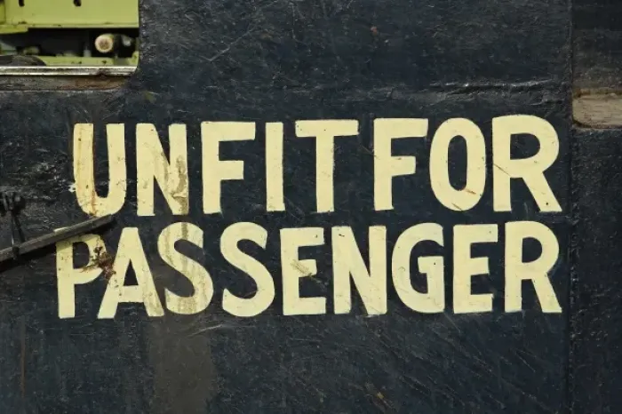 Framed Print : Unfit for passengers sign on train parked at train station, Udaipur, India Framed Print : Unfit for passengers sign on train parked at train station, Udaipur, India
