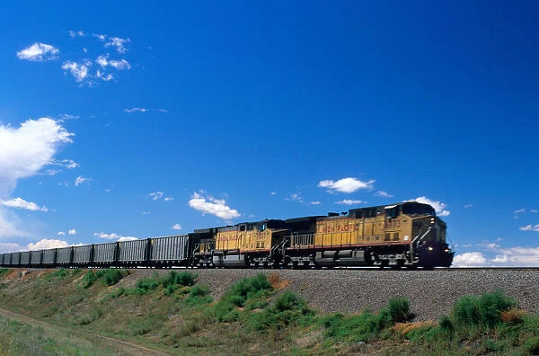 Union Pacific train traveling on a railroad track in Nebraska. union pacific
