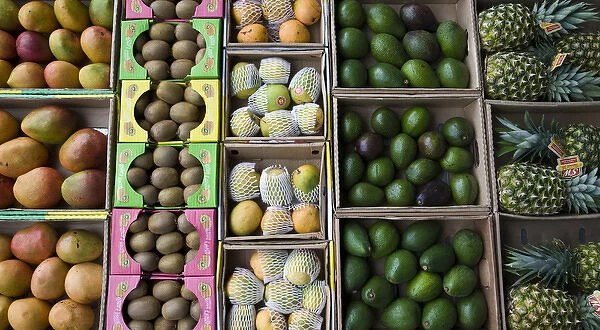United Arab Emirates, Abu Dhabi. Close-up of various fruit in boxes on display at a market