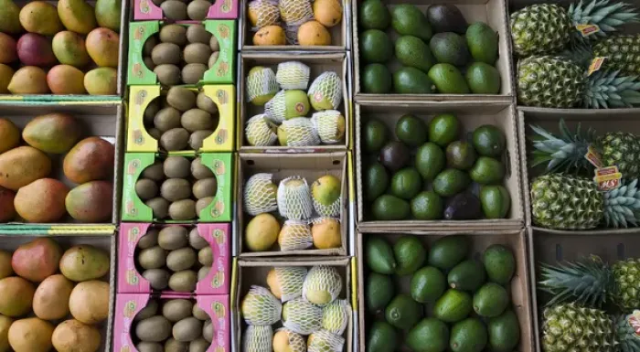 Framed Print : United Arab Emirates, Abu Dhabi. Close-up of various fruit in boxes on display at a market