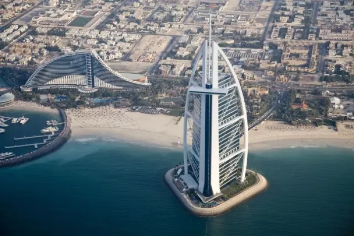 Framed Print : United Arab Emirates, Dubai. Aerial of Burj al Arab and Jumeirah Beach Hotels, looking inland Framed Print : United Arab Emirates, Dubai. Aerial of Burj al Arab and Jumeirah Beach Hotels, looking inland