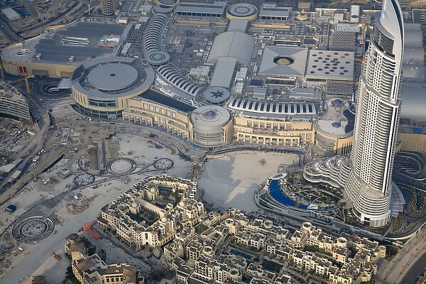 United Arab Emirates, Dubai. Aerial of Dubai Mall and The Address Hotel. Credit as