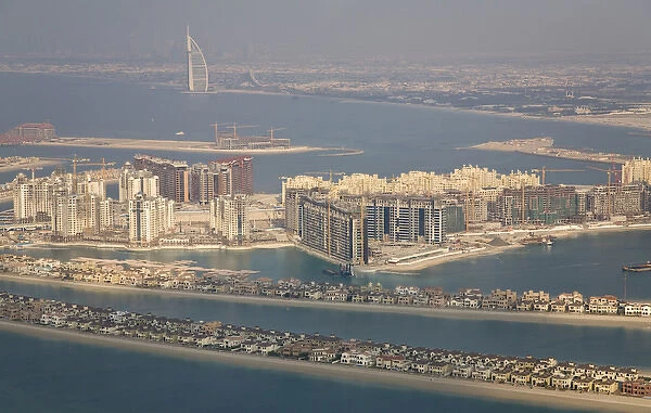 United Arab Emirates, Dubai. Aerial of Palm Jumeirah artificial islands shaped like palm fronds