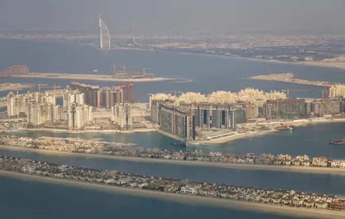 Framed Print : United Arab Emirates, Dubai. Aerial of Palm Jumeirah artificial islands shaped like palm fronds