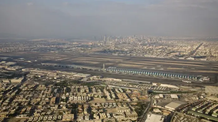 Framed Print : United Arab Emirates, Dubai. Aerial view of Dubai International Airport and new terminal Framed Print : United Arab Emirates, Dubai. Aerial view of Dubai International Airport and new terminal