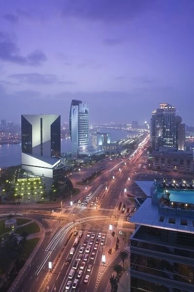 United Arab Emirates, Dubai, Deira. Aerial View of Deira Buildings along Dubai Creek