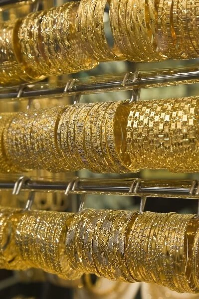 United Arab Emirates, Dubai, Deira. Deira Gold Souk  /  Market  /  Gold Bracelets