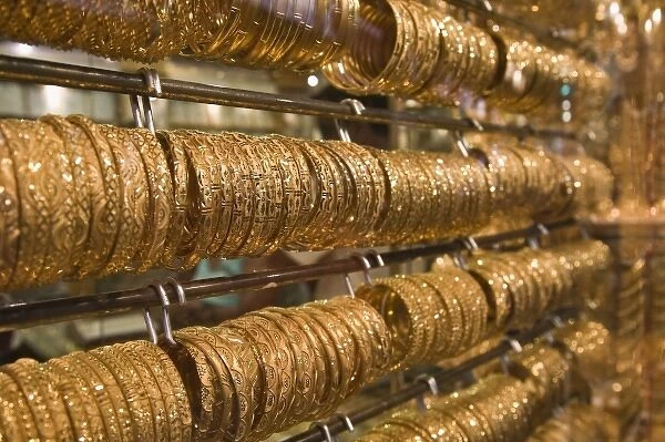 United Arab Emirates, Dubai, Deira. Deira Gold Souk  /  Market  /  Gold Bracelets