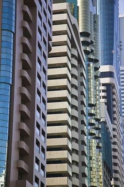 United Arab Emirates, Dubai, Dubai City. Sheik Zayed Road Highrises  /  Morning