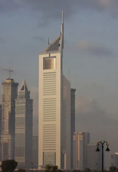 Framed Print : United Arab Emirates, Dubai. Emirates Towers and The Tower in morning light. Credit as Framed Print : United Arab Emirates, Dubai. Emirates Towers and The Tower in morning light. Credit as