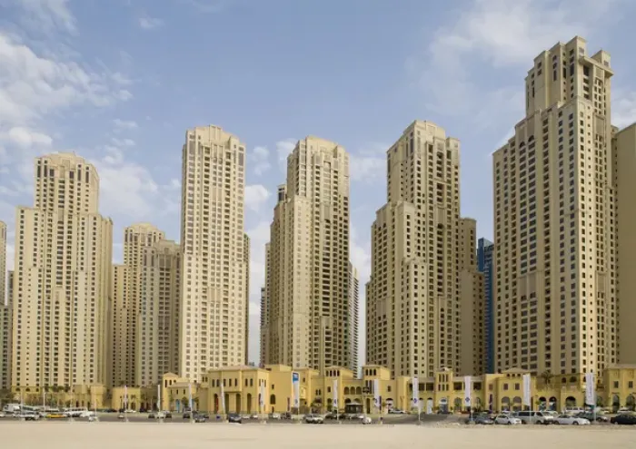 Framed Print : United Arab Emirates, Dubai, Marina. Jumeirah Beach Residence buildings behind beach
