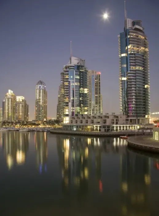 Framed Print : United Arab Emirates, Dubai, Marina. Towers reflect on marina at night with full moon Framed Print : United Arab Emirates, Dubai, Marina. Towers reflect on marina at night with full moon