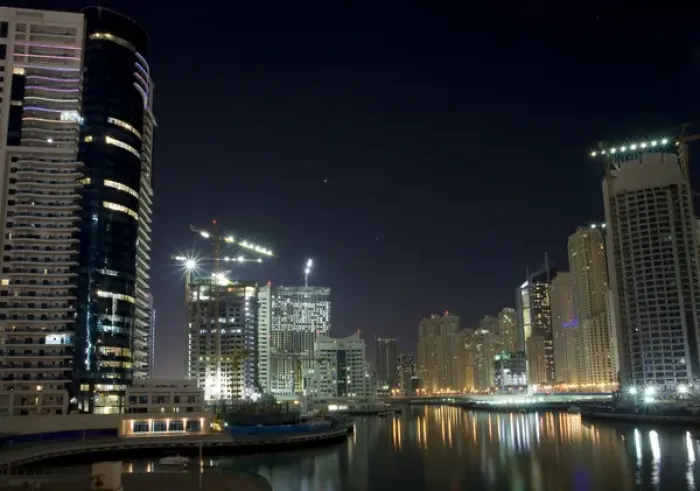 Framed Print : United Arab Emirates, Dubai. Towers on marina at night Framed Print : United Arab Emirates, Dubai. Towers on marina at night