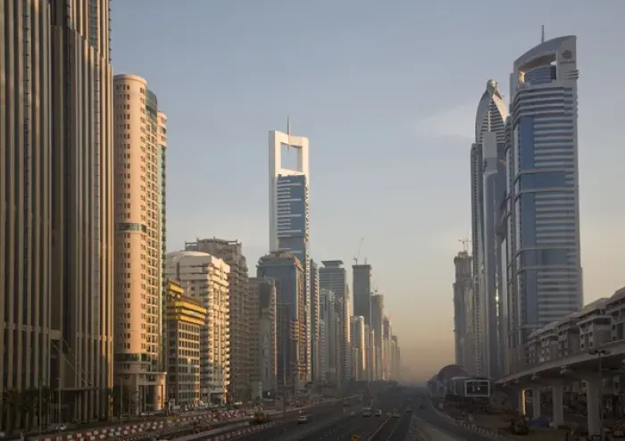 Framed Print : United Arab Emirates, Dubai. Towers along Sheik Zayed Road looking north. Credit as Framed Print : United Arab Emirates, Dubai. Towers along Sheik Zayed Road looking north. Credit as