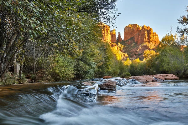 United States, Arizona, Sedona, Red Rock Crossing, Flowing Water with Rock and Trees