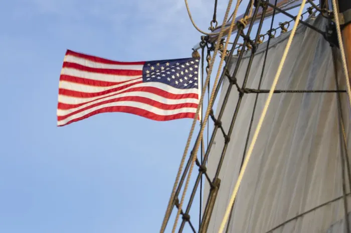 Framed Print : United States flag flying on Hawaiian Chieftain, a Square Topsail Ketch