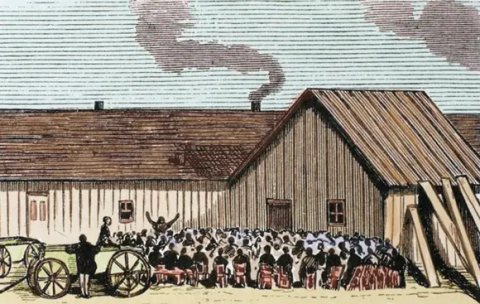 Framed Print : United States. Kansas. Mennonite religious service outside the hut