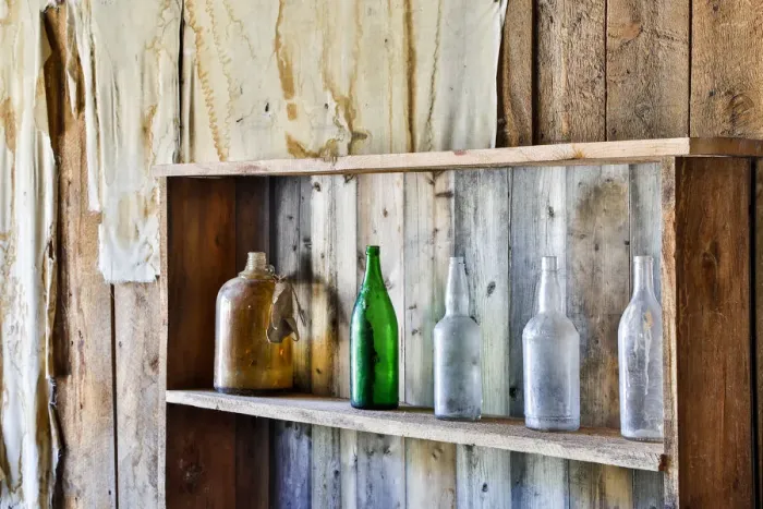 Framed Print : United States, Montana, Bannack, Bannack State Park, Old Bottles on a Shelf