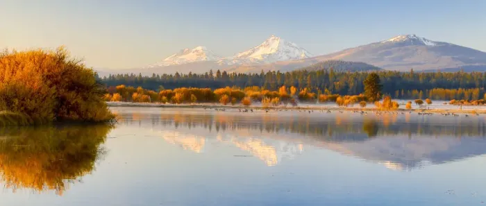 Framed Print : United States, Oregon, Bend, Black Butte Ranch, Fall Foliage and Cascade Mountains