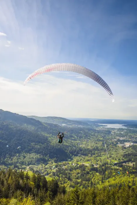 Framed Print : United States, Washington, Issaquah. Paragliders launch from Tiger Mountain and soar Framed Print : United States, Washington, Issaquah. Paragliders launch from Tiger Mountain and soar
