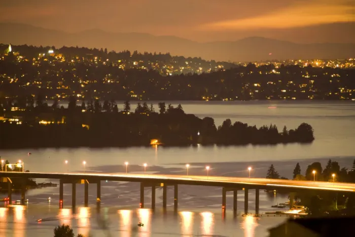 Framed Print : United States, Washington, Lake Washington, Seattle and Olympic Mountains viewed Framed Print : United States, Washington, Lake Washington, Seattle and Olympic Mountains viewed