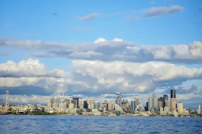 Framed Print : United States, Washington, Seattle. Seattle skyline from Elliott Bay