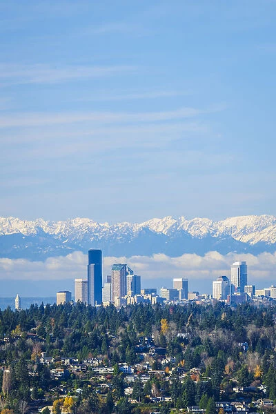 United States, Washington. Seattle skyline and Olympic mountains viewed from Bellevue