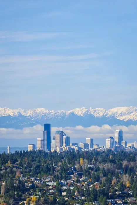 Framed Print : United States, Washington. Seattle skyline and Olympic mountains viewed from Bellevue
