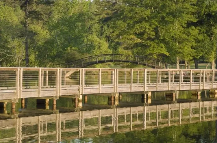 Framed Print : Unknown. Bridge over a small pond during sunrise, Georgia, USA