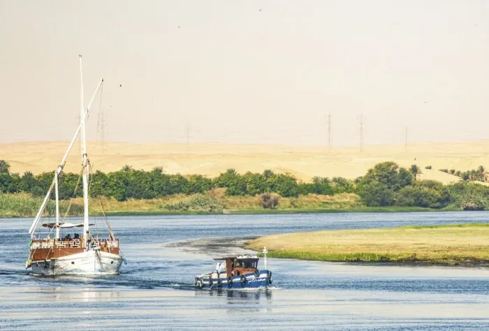 Framed Print : Upper Egypt, Aswan, between and Edfu on a meander of the Nile, the Amelia under tow Framed Print : Upper Egypt, Aswan, between and Edfu on a meander of the Nile, the Amelia under tow