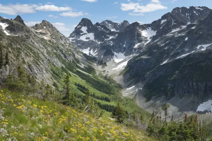 Framed Print : Upper Fisher Creek basin. Fisher Peak, Black Peak and Mount Arriva are in the distance. North Cascades National Park, Washington State