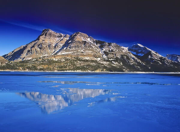 Upper Waterton Lake in winter in Waterton lakes National Park in Alberta Canada